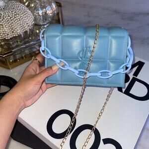 Blue “Cash Bag Me” Lattice Textured Small Handbag